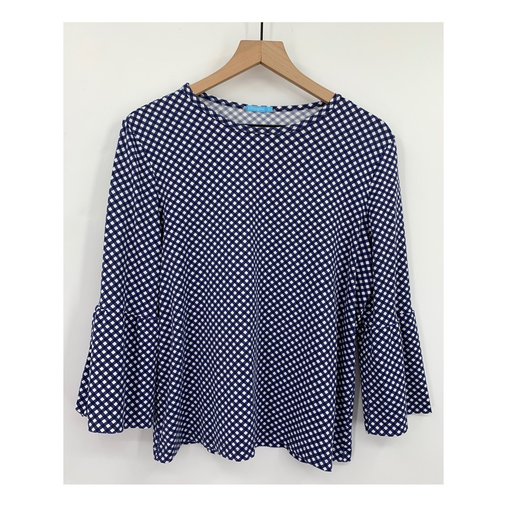 J McLaughlin Shirt Womens Large Blue Gingham Bell Sleeve Catalina Cloth